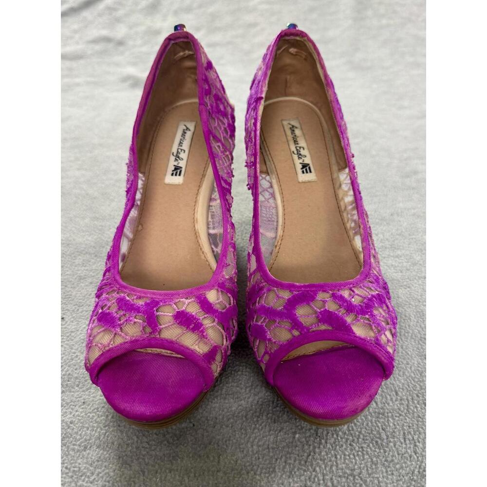 american eagle upcycled neon purple lace skull wedges‎ y2k whimsigoth coquette